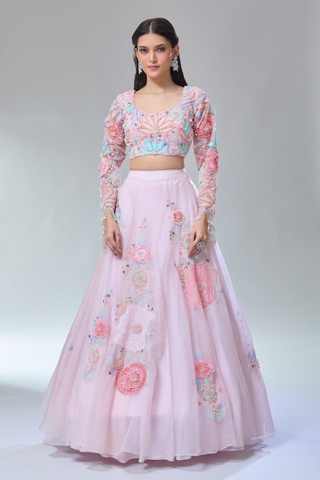 Buy_Divya Kanakia_Pink Organza, Net Crystals, Pearls, Venus Hand Embroidered Fairytale Lehenga Set _Online_at_Aza_Fashions
