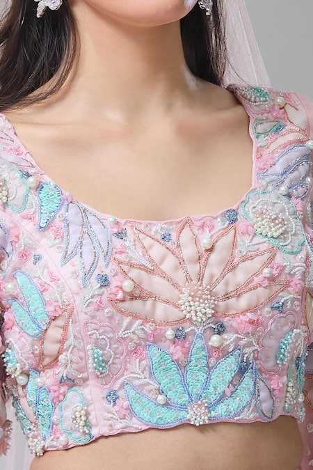 Shop_Divya Kanakia_Pink Organza, Net Crystals, Pearls, Venus Hand Embroidered Fairytale Lehenga Set _Online_at_Aza_Fashions