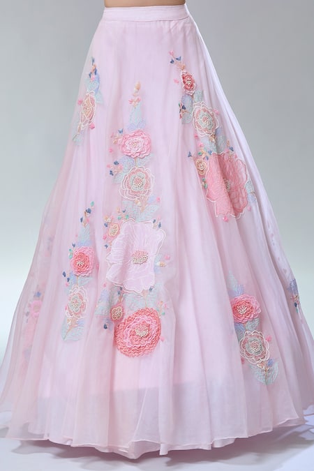 Divya Kanakia_Pink Organza, Net Crystals, Pearls, Venus Hand Embroidered Fairytale Lehenga Set _at_Aza_Fashions