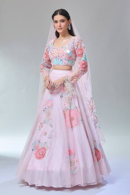 Buy_Divya Kanakia_Pink Organza, Net Crystals, Pearls, Venus Hand Embroidered Fairytale Lehenga Set 