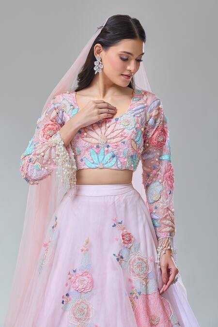Shop_Divya Kanakia_Pink Organza, Net Crystals, Pearls, Venus Hand Embroidered Fairytale Lehenga Set 