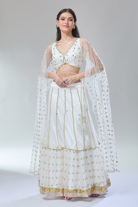 Divya Kanakia Ivory Net, Silk Satin Sequins, Embroidery V-neck Lehenga And Blouse Set 