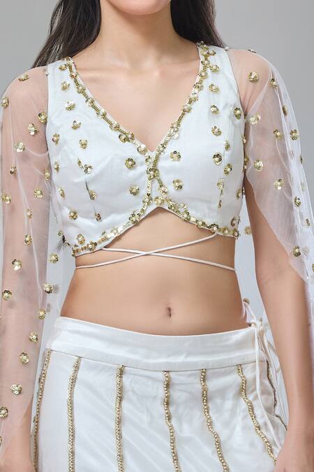 Buy_Divya Kanakia_Ivory Net, Silk Satin Sequins, Embroidery V-neck Lehenga And Blouse Set 
