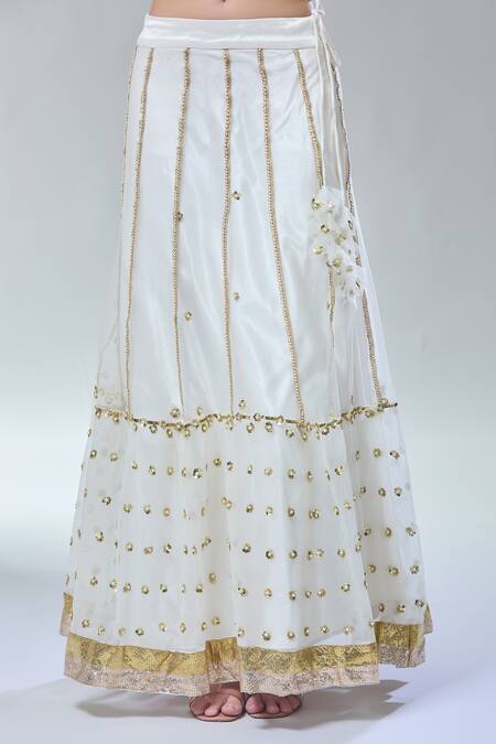 Shop_Divya Kanakia_Ivory Net, Silk Satin Sequins, Embroidery V-neck Lehenga And Blouse Set 