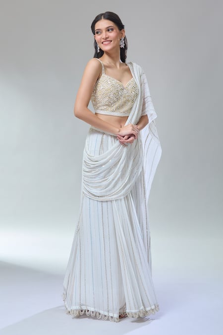 Buy_Divya Kanakia_Ivory Georgette Sequins, Apsara Greek Goddess Pre-draped Saree With Blouse _Online_at_Aza_Fashions
