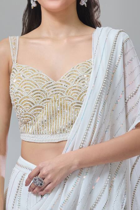 Shop_Divya Kanakia_Ivory Georgette Sequins, Apsara Greek Goddess Pre-draped Saree With Blouse _Online_at_Aza_Fashions