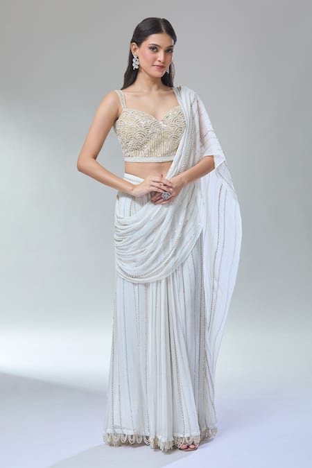 Divya Kanakia_Ivory Georgette Sequins, Apsara Greek Goddess Pre-draped Saree With Blouse _at_Aza_Fashions