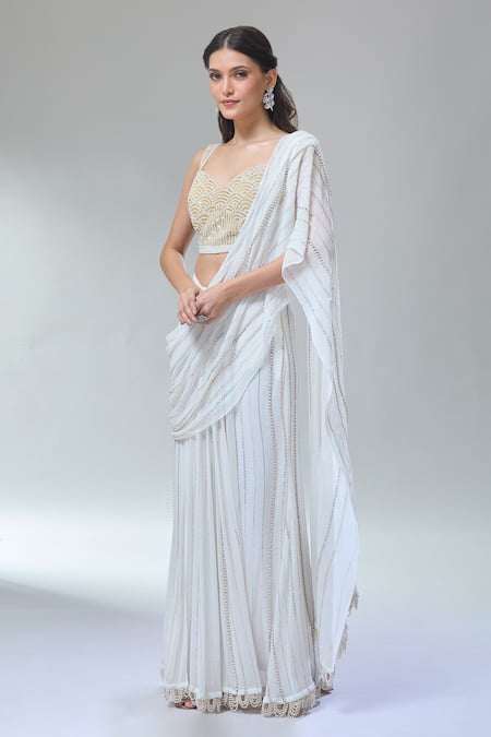 Buy_Divya Kanakia_Ivory Georgette Sequins, Apsara Greek Goddess Pre-draped Saree With Blouse 