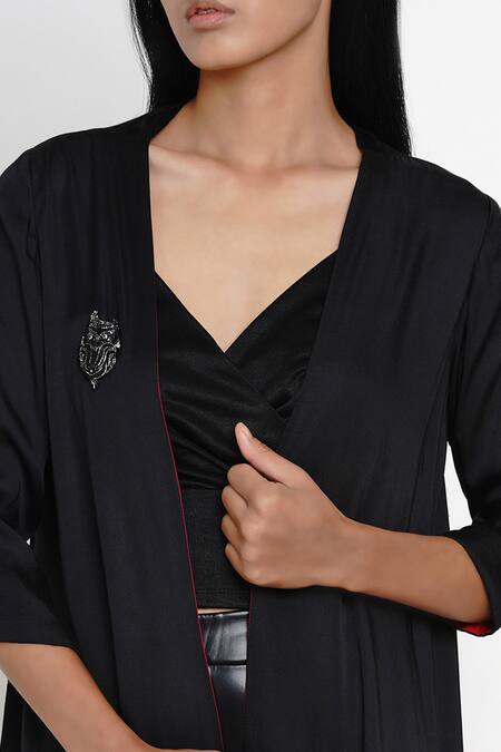 Angry Owl Black Modal Open Neck Placement Owl Embroidered Cape at Aza Fashions Angry Owl_Black Modal Open Neck Placement Owl Embroidered Cape _at_Aza_Fashions