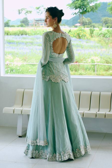 Charu And Vasundhara_Blue Organza, Tissue Sequins, Mirrors, Embroidery Aqua Work Peplum Lehenga Set _Online_at_Aza_Fashions