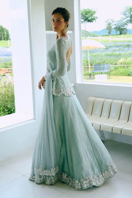 Buy_Charu And Vasundhara_Blue Organza, Tissue Sequins, Mirrors, Embroidery Aqua Work Peplum Lehenga Set _Online_at_Aza_Fashions