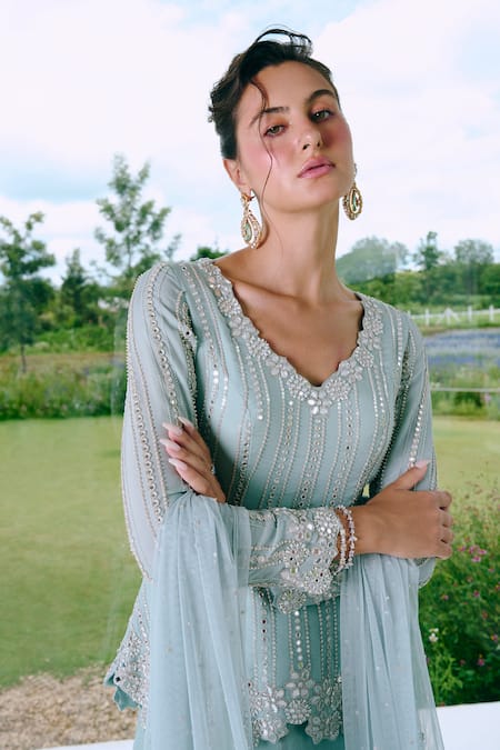 Shop_Charu And Vasundhara_Blue Organza, Tissue Sequins, Mirrors, Embroidery Aqua Work Peplum Lehenga Set _Online_at_Aza_Fashions