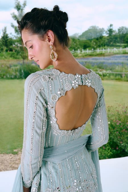 Charu And Vasundhara_Blue Organza, Tissue Sequins, Mirrors, Embroidery Aqua Work Peplum Lehenga Set _at_Aza_Fashions