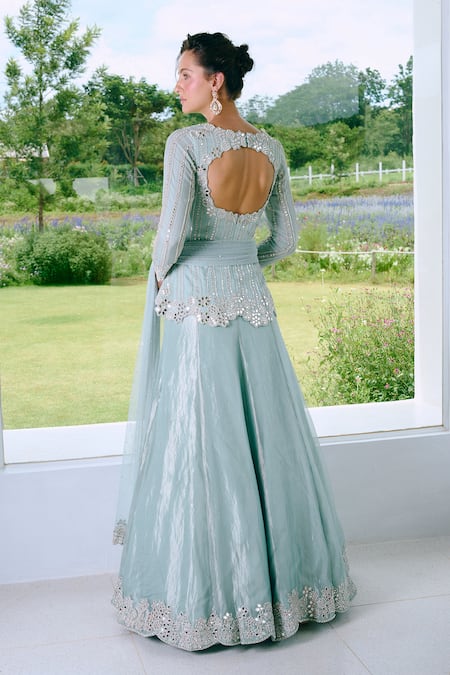 Charu And Vasundhara Aqua Blue Mirror Work Peplum Lehenga Set 