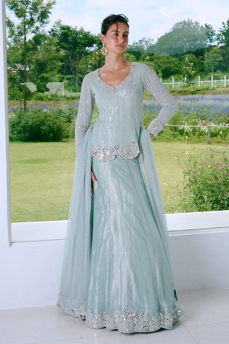 Charu And Vasundhara Aqua Blue Mirror Work Peplum Lehenga Set 