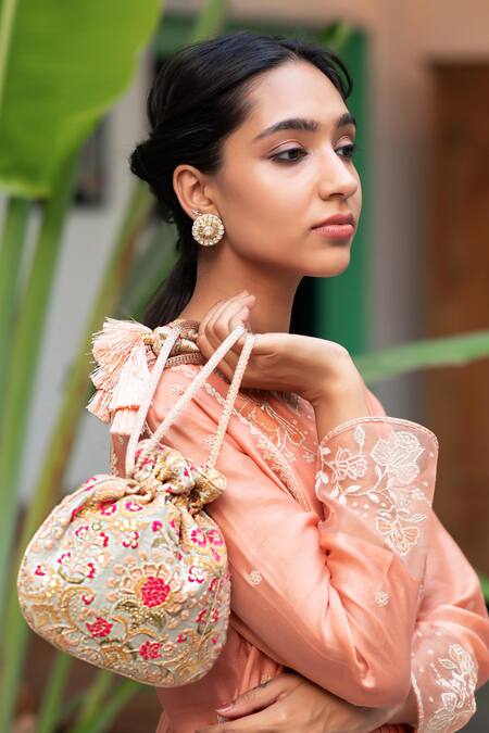 Amyra_Yellow Embroidery, Sequins Silk Polti Bag_Online_at_Aza_Fashions