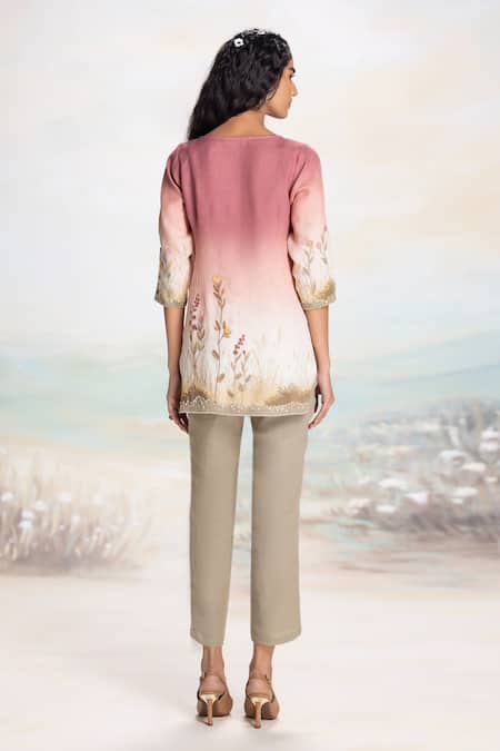 Shop Kaveri Pink Linen Embroidery Boat Neck Landscape Top And Pant Set at Aza Fashions Shop_Kaveri_Pink Linen Embroidery Boat Neck Landscape Top And Pant Set _at_Aza_Fashions