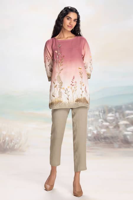 Shop Kaveri Pink Linen Embroidery Boat Neck Landscape Top And Pant Set Shop_Kaveri_Pink Linen Embroidery Boat Neck Landscape Top And Pant Set