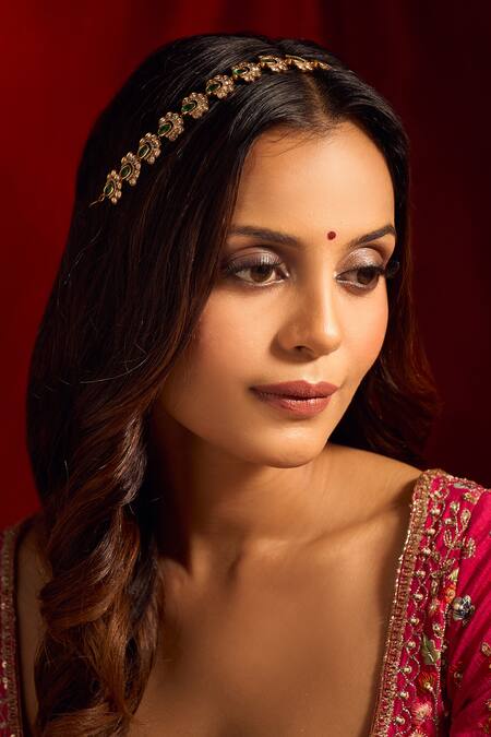 Buy_Nazaakat By Samara Singh_Green Kundan Brass Mathapatti _Online_at_Aza_Fashions