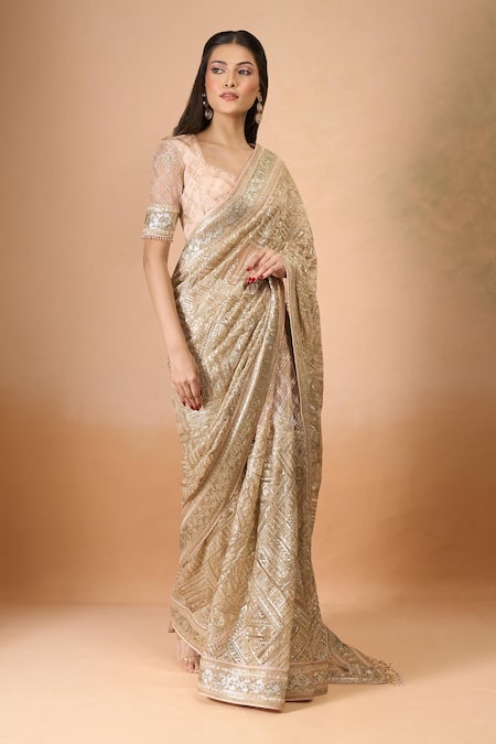 Tarun Tahiliani Gold Silk Sequins, Zari, Embroidery Blush Saree Set With Embellished Blouse Online at Aza Fashions Tarun Tahiliani_Gold Silk Sequins, Zari, Embroidery Blush Saree Set With Embellished Blouse _Online_at_Aza_Fashions