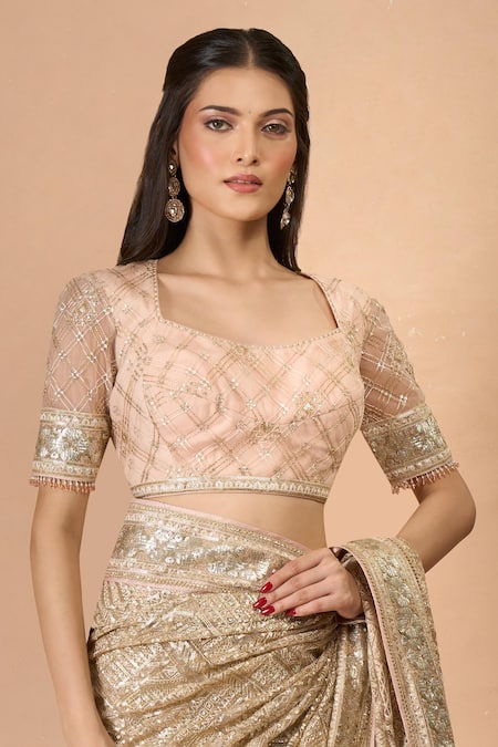 Shop Tarun Tahiliani Gold Silk Sequins, Zari, Embroidery Blush Saree Set With Embellished Blouse Online at Aza Fashions Shop_Tarun Tahiliani_Gold Silk Sequins, Zari, Embroidery Blush Saree Set With Embellished Blouse _Online_at_Aza_Fashions