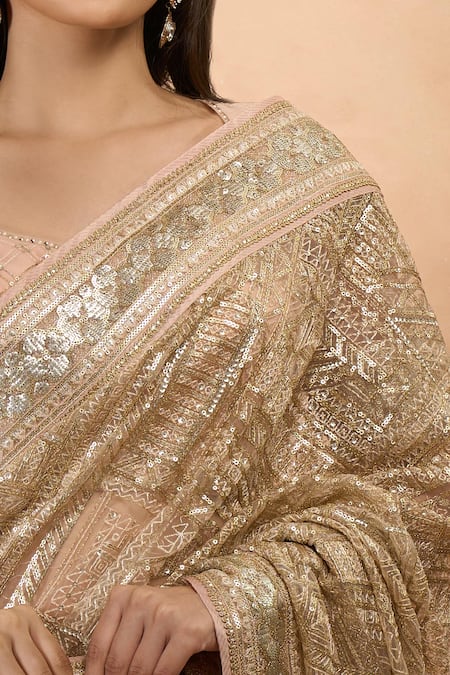 Buy Tarun Tahiliani Gold Silk Sequins, Zari, Embroidery Blush Saree Set With Embellished Blouse Buy_Tarun Tahiliani_Gold Silk Sequins, Zari, Embroidery Blush Saree Set With Embellished Blouse