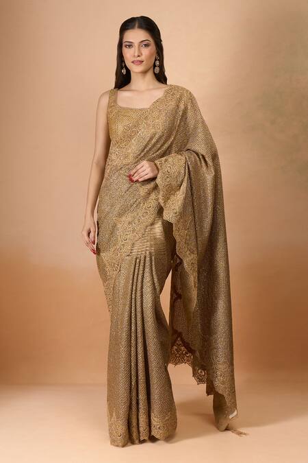 Tarun Tahiliani Gold Silk Sequins, Embroidery Square Neck Saree With Blouse Online at Aza Fashions Tarun Tahiliani_Gold Silk Sequins, Embroidery Square Neck Saree With Blouse _Online_at_Aza_Fashions