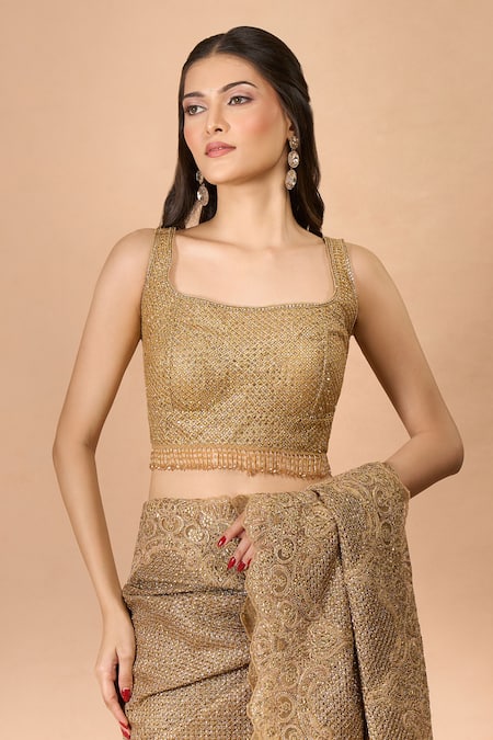 Shop Tarun Tahiliani Gold Silk Sequins, Embroidery Square Neck Saree With Blouse Online at Aza Fashions Shop_Tarun Tahiliani_Gold Silk Sequins, Embroidery Square Neck Saree With Blouse _Online_at_Aza_Fashions