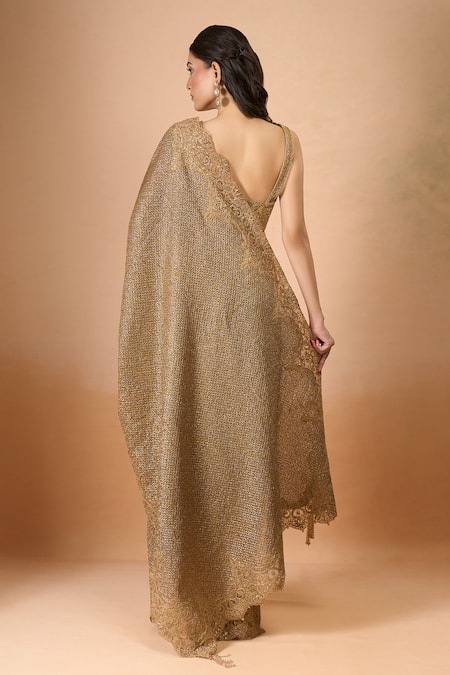 Shop Tarun Tahiliani Gold Silk Sequins, Embroidery Square Neck Saree With Blouse at Aza Fashions Shop_Tarun Tahiliani_Gold Silk Sequins, Embroidery Square Neck Saree With Blouse _at_Aza_Fashions