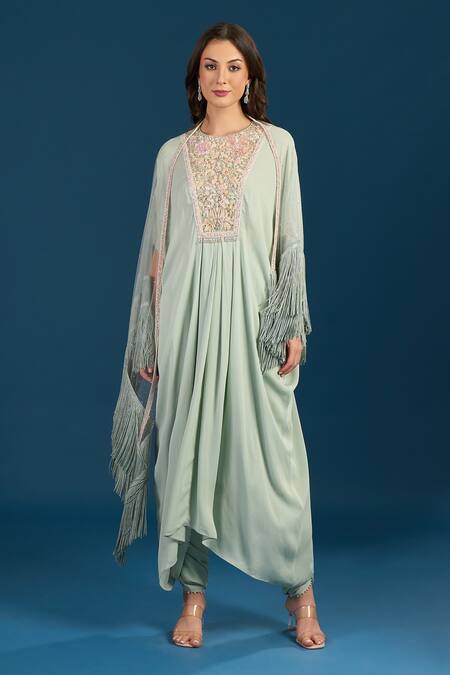Shop_Tarun Tahiliani_Green Embroidery, Beads Round Neck Blush Kurta Set _Online_at_Aza_Fashions