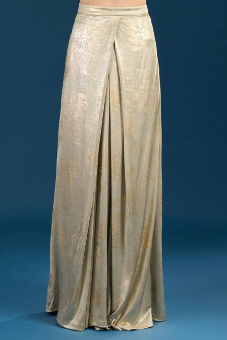 Tarun Tahiliani_Gold Beads Cowl Neck Jade Bustier Trouser Set _Online_at_Aza_Fashions