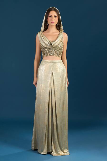 Buy_Tarun Tahiliani_Gold Beads Cowl Neck Jade Bustier Trouser Set _Online_at_Aza_Fashions