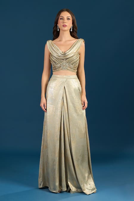 Tarun Tahiliani_Gold Beads Cowl Neck Jade Bustier Trouser Set _at_Aza_Fashions