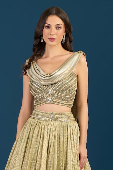 Tarun Tahiliani Gold Beads, Embroidery, Sequins Jade Skirt Bustier Set Online at Aza Fashions Tarun Tahiliani_Gold Beads, Embroidery, Sequins Jade Skirt Bustier Set _Online_at_Aza_Fashions