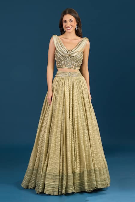 Buy Tarun Tahiliani Gold Beads, Embroidery, Sequins Jade Skirt Bustier Set Buy_Tarun Tahiliani_Gold Beads, Embroidery, Sequins Jade Skirt Bustier Set