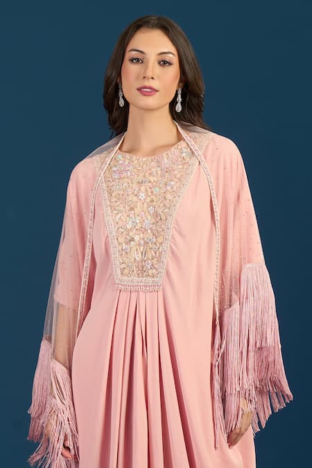 Tarun Tahiliani_Pink Embroidery, Sequins Round Neck Powder Blue Trouser Kurta Scarf _Online_at_Aza_Fashions