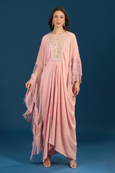 Shop_Tarun Tahiliani_Pink Embroidery, Sequins Round Neck Powder Blue Trouser Kurta Scarf _Online_at_Aza_Fashions