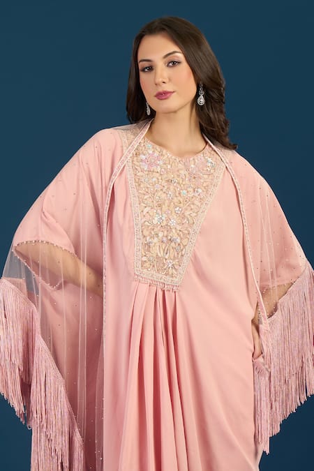 Buy_Tarun Tahiliani_Pink Embroidery, Sequins Round Neck Powder Blue Trouser Kurta Scarf 