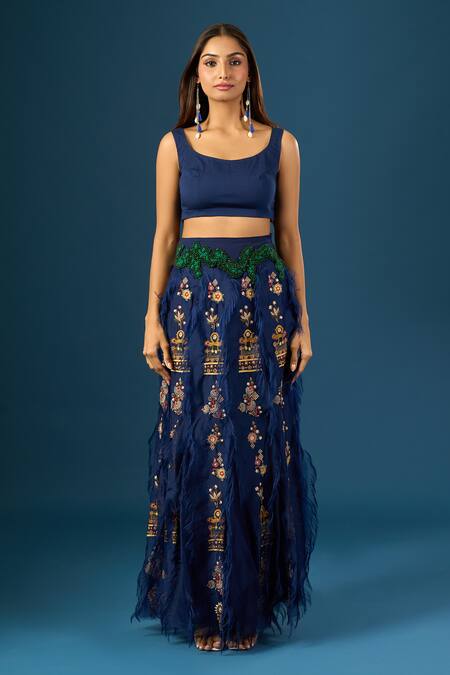 Anamika Khanna_Blue Embroidery Round , High Indigo Fringe Skirt Set _Online_at_Aza_Fashions