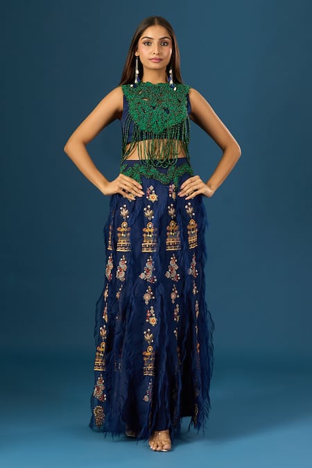Buy_Anamika Khanna_Blue Embroidery Round , High Indigo Fringe Skirt Set _Online_at_Aza_Fashions