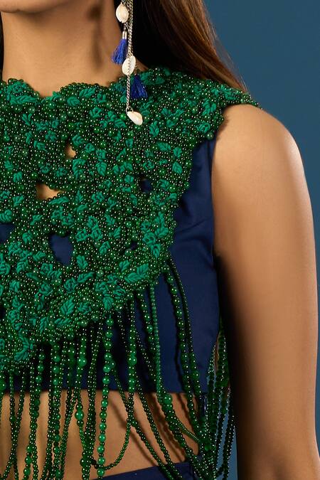 Shop_Anamika Khanna_Blue Embroidery Round , High Indigo Fringe Skirt Set _Online_at_Aza_Fashions