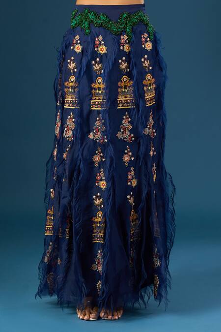 Anamika Khanna_Blue Embroidery Round , High Indigo Fringe Skirt Set _at_Aza_Fashions