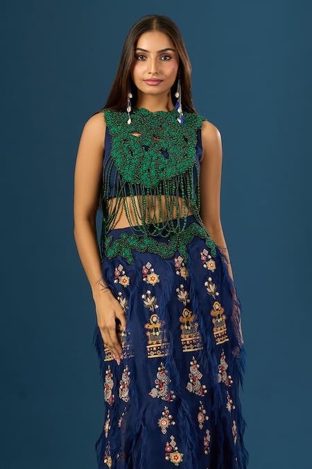 Buy_Anamika Khanna_Blue Embroidery Round , High Indigo Fringe Skirt Set 