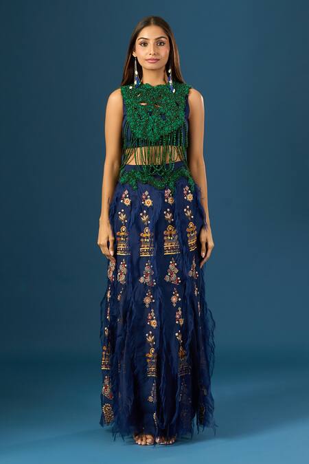 Shop_Anamika Khanna_Blue Embroidery Round , High Indigo Fringe Skirt Set 