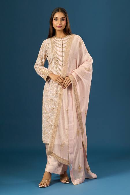 Shop_Anamika Khanna_Pink Sequins, Embroidery Round Neck Baby Kurta Set _Online_at_Aza_Fashions