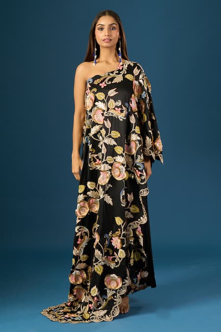 Shop_Anamika Khanna_Black Embroidery Asymmetric Skirt Set _Online_at_Aza_Fashions