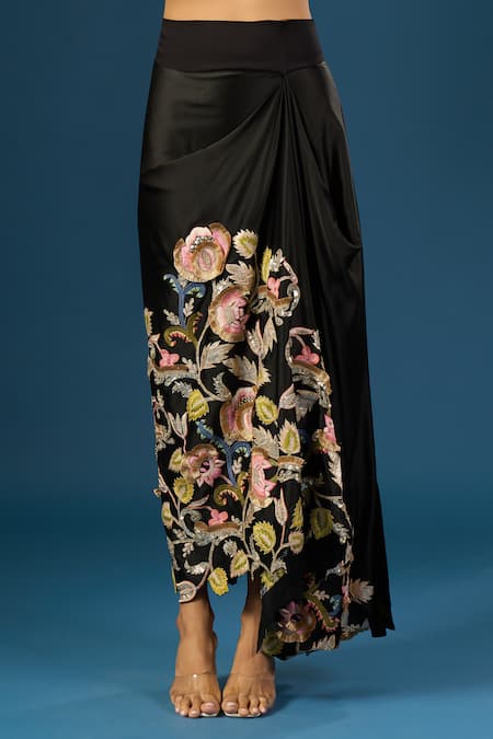 Anamika Khanna_Black Embroidery Asymmetric Skirt Set _at_Aza_Fashions