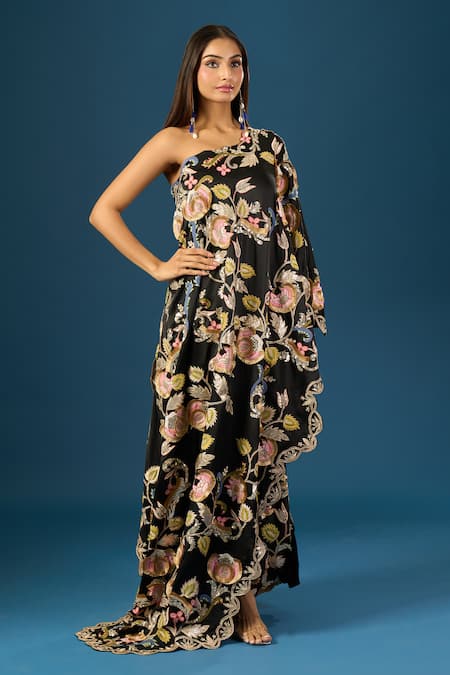 Buy_Anamika Khanna_Black Embroidery Asymmetric Skirt Set 