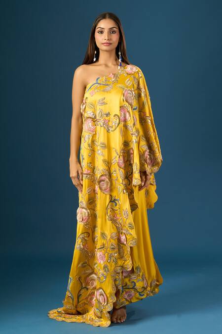Anamika Khanna Yellow Embroidery Asymmetric Mustard Kaftan Skirt Set Online at Aza Fashions Anamika Khanna_Yellow Embroidery Asymmetric Mustard Kaftan Skirt Set_Online_at_Aza_Fashions
