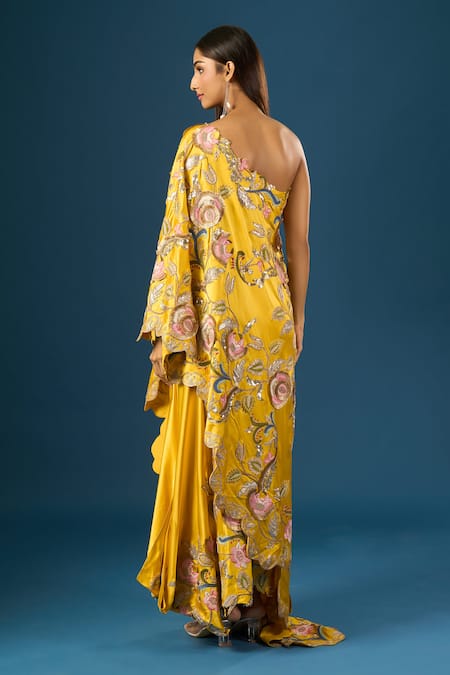 Shop Anamika Khanna Yellow Embroidery Asymmetric Mustard Kaftan Skirt Set at Aza Fashions Shop_Anamika Khanna_Yellow Embroidery Asymmetric Mustard Kaftan Skirt Set_at_Aza_Fashions